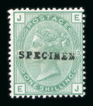 Stamp of Great Britain » 1855-1900 Surface Printed » 1873-80 Large Coloured Corner Letters GB 1873-80 1/- green group with "SPECIMEN" overprint type 8 on pl.12 IE and pl.12 JG, and pl.13 with type 9