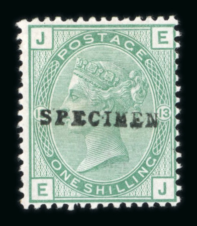 Stamp of Great Britain » 1855-1900 Surface Printed » 1873-80 Large Coloured Corner Letters GB 1873-80 1/- green group with "SPECIMEN" overprint type 8 on pl.12 IE and pl.12 JG, and pl.13 with type 9