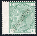 Stamp of Great Britain » 1855-1900 Surface Printed » 1873-80 Large Coloured Corner Letters GB 1873-80 1/- green group with "SPECIMEN" overprint type 8 on pl.12 IE and pl.12 JG, and pl.13 with type 9