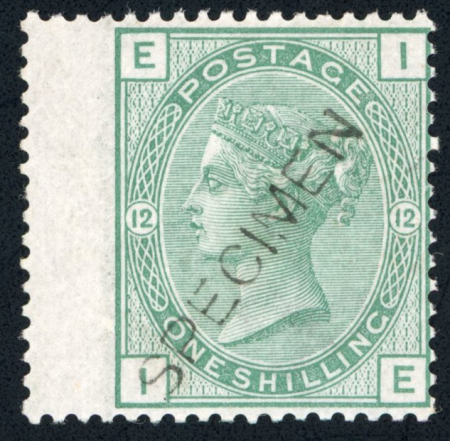 Stamp of Great Britain » 1855-1900 Surface Printed » 1873-80 Large Coloured Corner Letters GB 1873-80 1/- green group with "SPECIMEN" overprint type 8 on pl.12 IE and pl.12 JG, and pl.13 with type 9