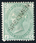 Stamp of Great Britain » 1855-1900 Surface Printed » 1873-80 Large Coloured Corner Letters GB 1873-80 1/- green group with "SPECIMEN" overprint type 8 on pl.12 IE and pl.12 JG, and pl.13 with type 9
