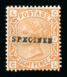 Stamp of Great Britain » 1855-1900 Surface Printed » 1873-80 Large Coloured Corner Letters GB 1873-80 Large Garter group with SPECIMEN type 9 overprints on with 4d vermilion (diagonally), 4d sage pl.15, 4d grey-brown pl.17 and 8d orange