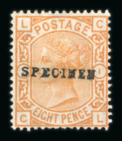 Stamp of Great Britain » 1855-1900 Surface Printed » 1873-80 Large Coloured Corner Letters GB 1873-80 Large Garter group with SPECIMEN type 9 overprints on with 4d vermilion (diagonally), 4d sage pl.15, 4d grey-brown pl.17 and 8d orange