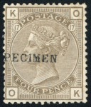 Stamp of Great Britain » 1855-1900 Surface Printed » 1873-80 Large Coloured Corner Letters GB 1873-80 Large Garter group with SPECIMEN type 9 overprints on with 4d vermilion (diagonally), 4d sage pl.15, 4d grey-brown pl.17 and 8d orange