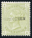 Stamp of Great Britain » 1855-1900 Surface Printed » 1873-80 Large Coloured Corner Letters GB 1873-80 Large Garter group with SPECIMEN type 9 overprints on with 4d vermilion (diagonally), 4d sage pl.15, 4d grey-brown pl.17 and 8d orange
