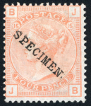 Stamp of Great Britain » 1855-1900 Surface Printed » 1873-80 Large Coloured Corner Letters GB 1873-80 Large Garter group with SPECIMEN type 9 overprints on with 4d vermilion (diagonally), 4d sage pl.15, 4d grey-brown pl.17 and 8d orange