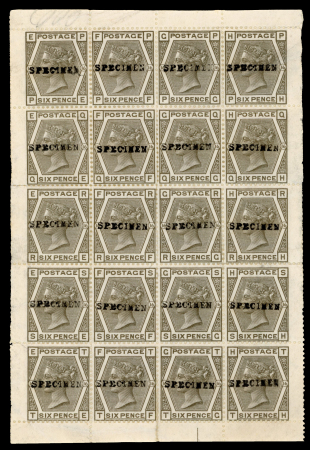 Stamp of Great Britain » 1855-1900 Surface Printed » 1873-80 Large Coloured Corner Letters 1873-80 6d grey pl.16 in complete pane of twenty PE-TH