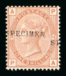 Stamp of Great Britain » 1855-1900 Surface Printed » 1880-83 Large Coloured Corner Letters, Wmk Imperial Crown GB 1880-83 2 1/2d blue pl.23, 3d rose pl.21, 4d grey-brown pl.18 and 6d grey pl.18, 1/- orange brown pl.13 and pl.14 each with. SPECIMEN type 9