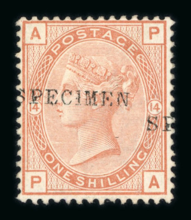 Stamp of Great Britain » 1855-1900 Surface Printed » 1880-83 Large Coloured Corner Letters, Wmk Imperial Crown GB 1880-83 2 1/2d blue pl.23, 3d rose pl.21, 4d grey-brown pl.18 and 6d grey pl.18, 1/- orange brown pl.13 and pl.14 each with. SPECIMEN type 9