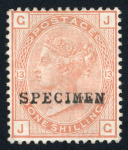 Stamp of Great Britain » 1855-1900 Surface Printed » 1880-83 Large Coloured Corner Letters, Wmk Imperial Crown GB 1880-83 2 1/2d blue pl.23, 3d rose pl.21, 4d grey-brown pl.18 and 6d grey pl.18, 1/- orange brown pl.13 and pl.14 each with. SPECIMEN type 9