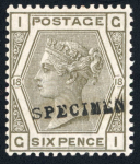 Stamp of Great Britain » 1855-1900 Surface Printed » 1880-83 Large Coloured Corner Letters, Wmk Imperial Crown GB 1880-83 2 1/2d blue pl.23, 3d rose pl.21, 4d grey-brown pl.18 and 6d grey pl.18, 1/- orange brown pl.13 and pl.14 each with. SPECIMEN type 9