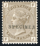 Stamp of Great Britain » 1855-1900 Surface Printed » 1880-83 Large Coloured Corner Letters, Wmk Imperial Crown GB 1880-83 2 1/2d blue pl.23, 3d rose pl.21, 4d grey-brown pl.18 and 6d grey pl.18, 1/- orange brown pl.13 and pl.14 each with. SPECIMEN type 9