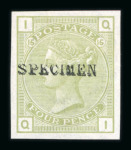 Stamp of Great Britain » 1855-1900 Surface Printed » 1873-80 Large Coloured Corner Letters 1873-80 4d sage-green pl.15 imperforate mint optd.
