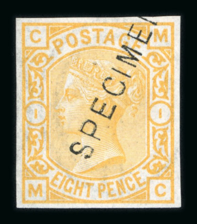 Stamp of Great Britain » 1855-1900 Surface Printed » 1873-80 Large Coloured Corner Letters 1873-80 8d orange group of three imperforate colour trials optd. SPECIMEN (type 11) mint with part o.g., in orange, brown-orange and orange-yellow
