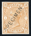 Stamp of Great Britain » 1855-1900 Surface Printed » 1873-80 Large Coloured Corner Letters 1873-80 8d orange group of three imperforate colour trials optd. SPECIMEN (type 11) mint with part o.g., in orange, brown-orange and orange-yellow