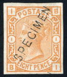 Stamp of Great Britain » 1855-1900 Surface Printed » 1873-80 Large Coloured Corner Letters 1873-80 8d orange group of three imperforate colour trials optd. SPECIMEN (type 11) mint with part o.g., in orange, brown-orange and orange-yellow