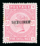 Stamp of Great Britain » 1855-1900 Surface Printed » 1883-84 & 1888 High Values GB 1883-84 5/- rose mint optd. SPECIMEN (type 9), the scarce perf 12 variety