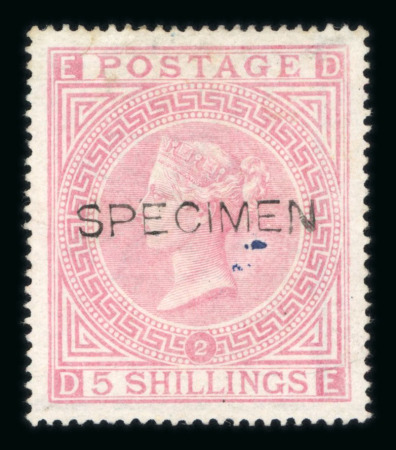 Stamp of Great Britain » 1855-1900 Surface Printed » 1867-83 High Values GB 1867-83 5/- rose pl.2, two examples with "SPECIMEN" type 8 and type 9 overprints