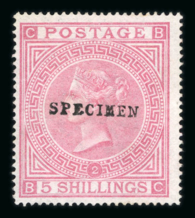 Stamp of Great Britain » 1855-1900 Surface Printed » 1867-83 High Values 18867-83 5/- rose pl.2 mint optd. SPECIMEN (type 9).