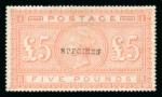 Stamp of Great Britain » 1855-1900 Surface Printed » 1867-83 High Values 18867-83 £5 orange on white paper mint optd. SPECIMEN
