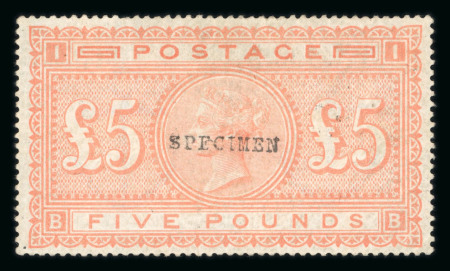 Stamp of Great Britain » 1855-1900 Surface Printed » 1867-83 High Values 18867-83 £5 orange on white paper mint optd. SPECIMEN