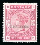 Stamp of Great Britain » 1855-1900 Surface Printed » 1883-84 & 1888 High Values 1883-84 5/- rose on blued paper mint optd. SPECIMEN.