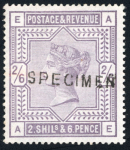 Stamp of Great Britain » 1855-1900 Surface Printed » 1883-84 & 1888 High Values GB 1883-84 2/6d lilac, 5/- rose and 10/- ultramarine mint optd. SPECIMEN (type 11)