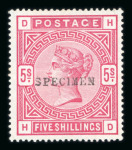 Stamp of Great Britain » 1855-1900 Surface Printed » 1883-84 & 1888 High Values GB 1883-84 5/- rose mint optd. SPECIMEN, two examples with types 9 and 12