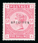 Stamp of Great Britain » 1855-1900 Surface Printed » 1883-84 & 1888 High Values GB 1883-84 5/- rose mint optd. SPECIMEN, two examples with types 9 and 12