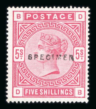 Stamp of Great Britain » 1855-1900 Surface Printed » 1883-84 & 1888 High Values GB 1883-84 5/- rose mint optd. SPECIMEN, two examples with types 9 and 12