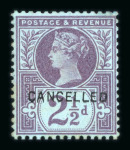 Stamp of Great Britain » 1855-1900 Surface Printed » 1887-1900 Jubilee Issue & 1891 £1 Green 1887-92 Jubilee 2 1/2d purple on blue mint optd. CANCELLED
