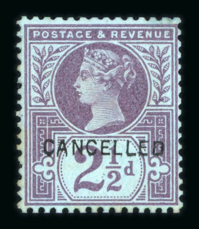 Stamp of Great Britain » 1855-1900 Surface Printed » 1887-1900 Jubilee Issue & 1891 £1 Green 1887-92 Jubilee 2 1/2d purple on blue mint optd. CANCELLED