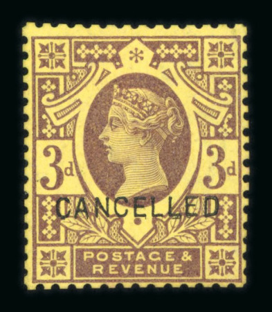 Stamp of Great Britain » 1855-1900 Surface Printed » 1887-1900 Jubilee Issue & 1891 £1 Green 1887-92 Jubilee 3d purple on yellow mint optd. CANCELLED