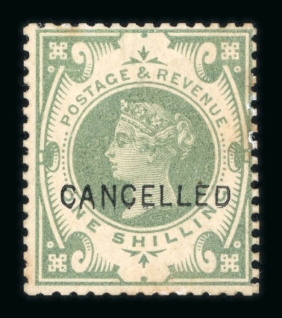 Stamp of Great Britain » 1855-1900 Surface Printed » 1887-1900 Jubilee Issue & 1891 £1 Green GB 1887-92 Jubilee 1/- green "CANCELLED" type 14, mint with disturbed, toned gum