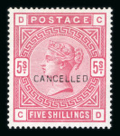 Stamp of Great Britain » 1855-1900 Surface Printed » 1883-84 & 1888 High Values GB 1883-84 5/- rose with "CANCELLED" type 14 overprint, mint with large part o.g.