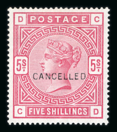 Stamp of Great Britain » 1855-1900 Surface Printed » 1883-84 & 1888 High Values GB 1883-84 5/- rose with "CANCELLED" type 14 overprint, mint with large part o.g.