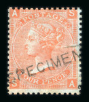 Stamp of Great Britain » 1855-1900 Surface Printed » 1865-67 Large Uncoloured Corner Letters, Wmk Large Garter & Emblems 1865-67 4d vermilion pl.12 perf.14 mint on Dr. Perkins