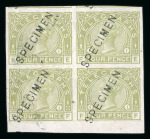 Stamp of Great Britain » Telegraphs GB 1877 Telegraph 4d pl.1 colour trial in sage green and 6d pl.1 in grey, each in imperforate block of four with "SPECIMEN" type 11 overprint 