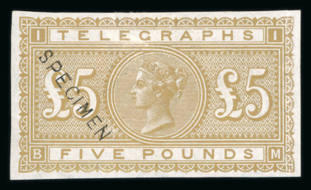 Stamp of Great Britain » Telegraphs 1877 £5 Colour Trial in gold imperforate mint optd.