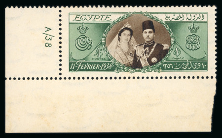 Stamp of Egypt » Commemoratives Egypt 1938-51 18th Birthday & Royal Wedding group incl. 1938 £E1 mint n.h. A/38 control marginal single