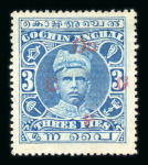 Stamp of Indian States » Cochin 1913 3p Blue overprint On CGS (TO1) in Red variety