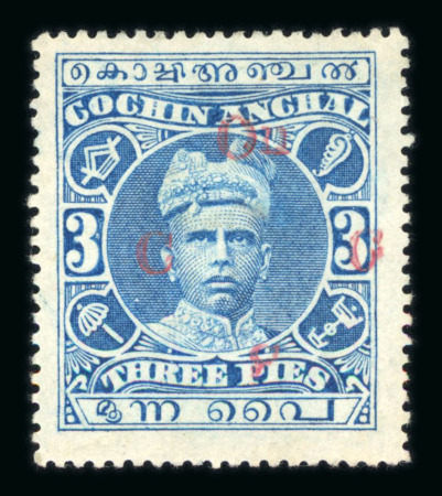 Stamp of Indian States » Cochin 1913 3p Blue overprint On CGS (TO1) in Red variety