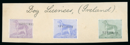 Stamp of Ireland » Revenues & Fiscals Ireland Dog Licence: Archive piece with three imperf. proofs of the 1881 dog licence stamp with "SPECIMEN" type 9 overprints