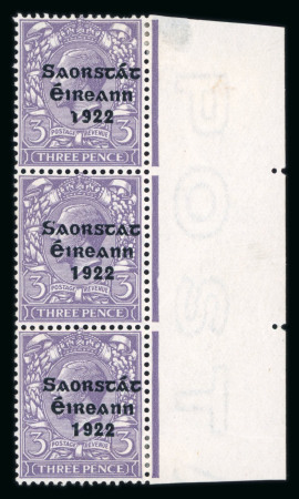 Stamp of Ireland » 1922-23 Thom Three-Line Overprints (T47-T61) 3d violet, mint and mint nh vertical right sheet marginal