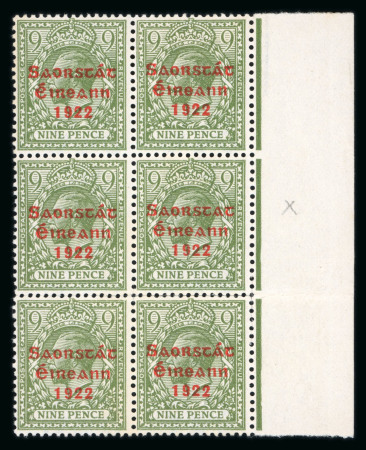 Stamp of Ireland » 1922-23 Thom Three-Line Overprints (T47-T61) 9d olive-green, mint and mint nh vertical right sheet
