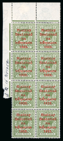 Stamp of Ireland » 1922 (Jul-Nov) Thom Overprints (T25-T41) 9d olive-green, mint and mint nh top left corner sheet