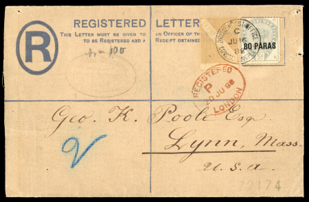Stamp of British Levant  Orient Express collection incl. 1888 (Jun 16) registered envelope with 1885-88 80pa on 5d along with red Orient Express label (faded)