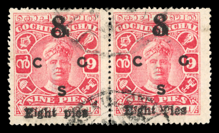 Stamp of Indian States » Cochin 1924 8p on 9p Carmine ovpt paper A perf 14, error ovpt