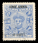 Stamp of Indian States » Cochin 1949 1a on 1a9p Ultramarine with black surcharge used