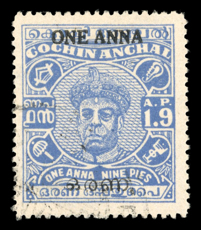 Stamp of Indian States » Cochin 1949 1a on 1a9p Ultramarine with black surcharge used